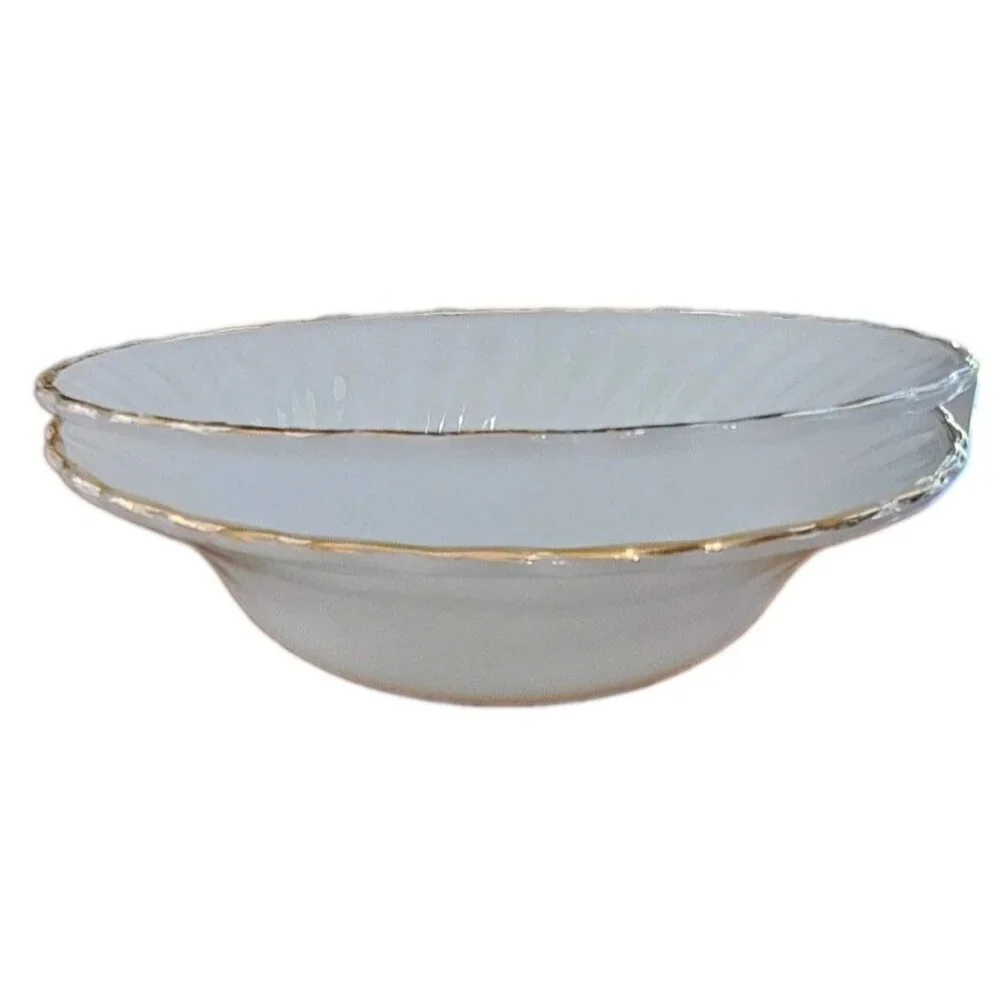 Anchor Hocking Fire King 2 White Shelll Swirl Gold Trim Bowls Vintage MCM